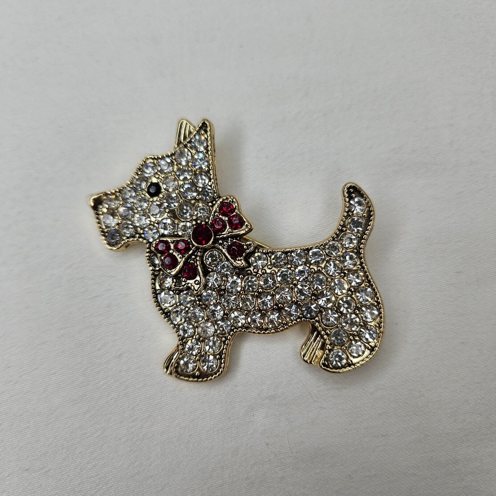 Monet Gold Tone Scottie Dog Brooch Red Rhinestone Bow Terrier Pin Clear Crystal